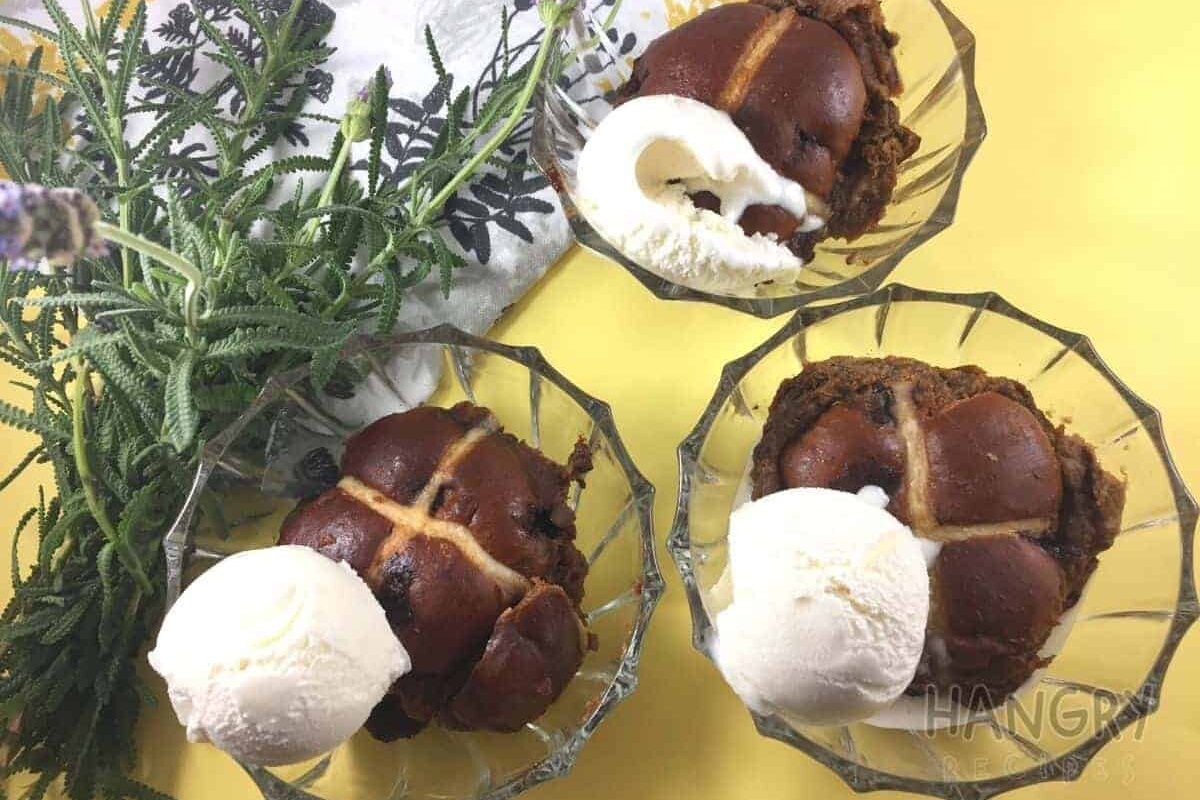 Chocolate Hot Cross Buns baked in Cream Sauce