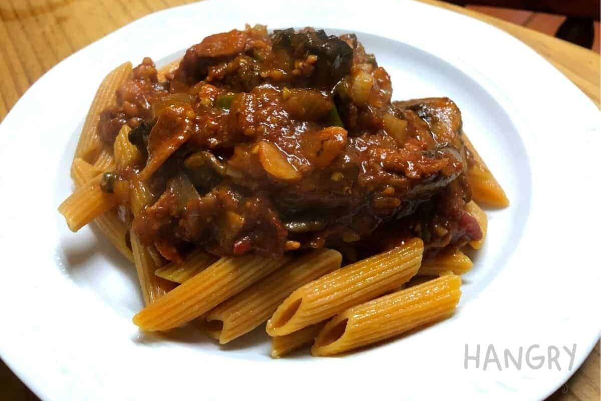 Bacon and Mushroom Arrabbiata with Lentil Penne Pasta