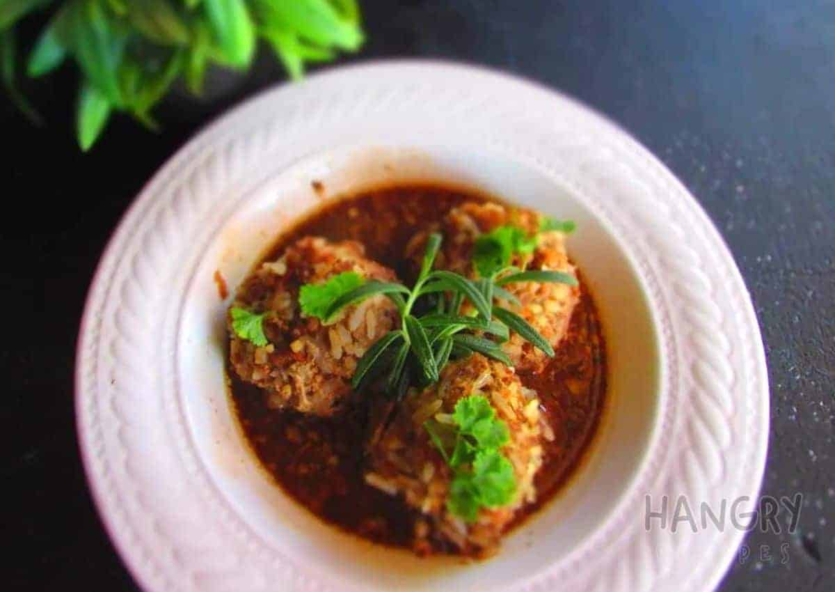 Rice Meatballs with a silky Red Wine Sauce