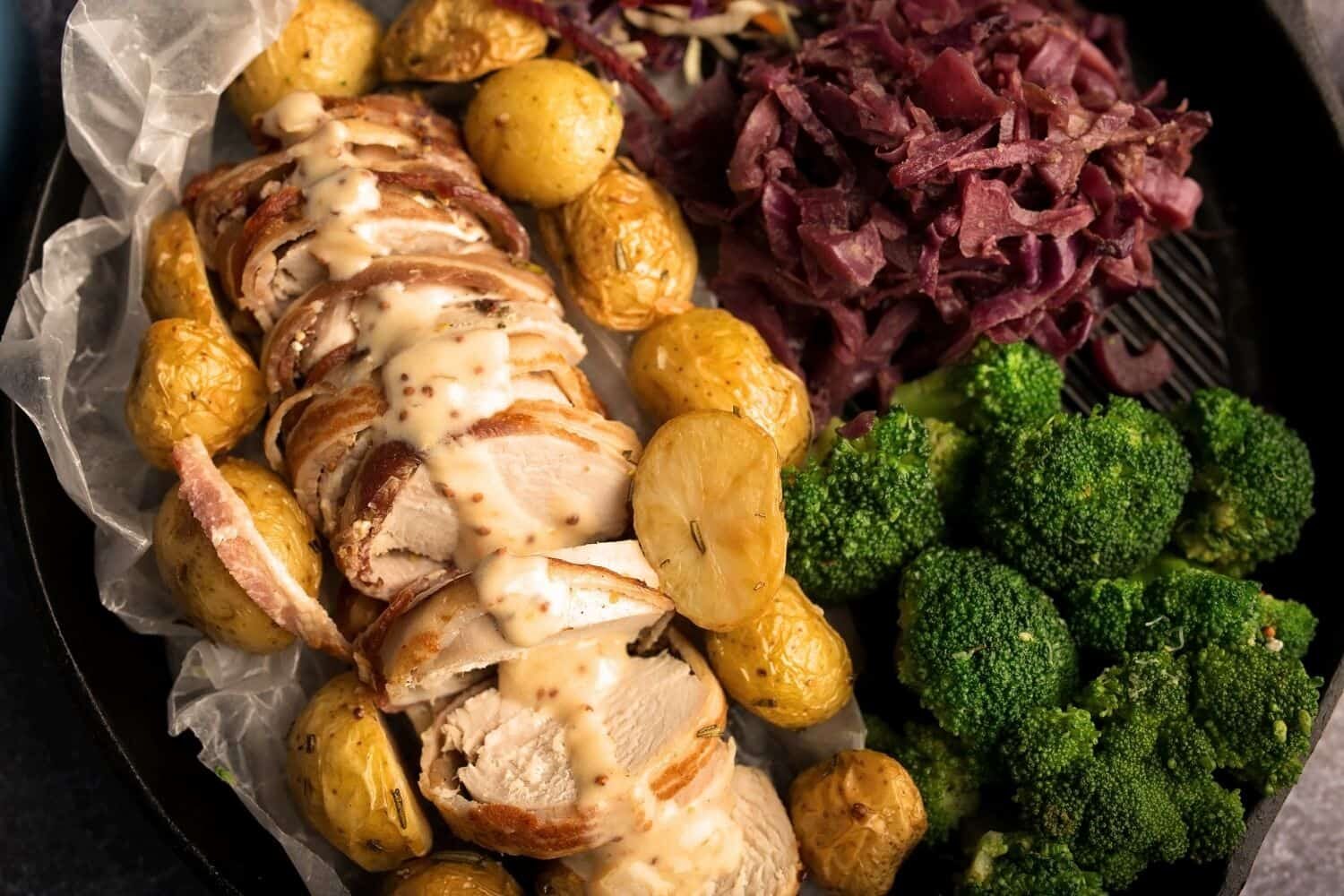 Bacon Wrapped Pork Fillet OR Chicken with Braised Red Cabbage, Roast Potato & Broccoli