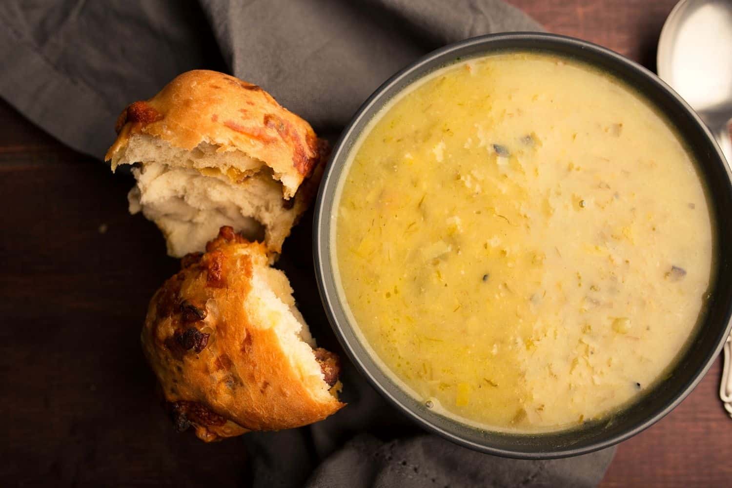 Creamy Potato and Burnt Leek Soup with Garlic Herb Bun