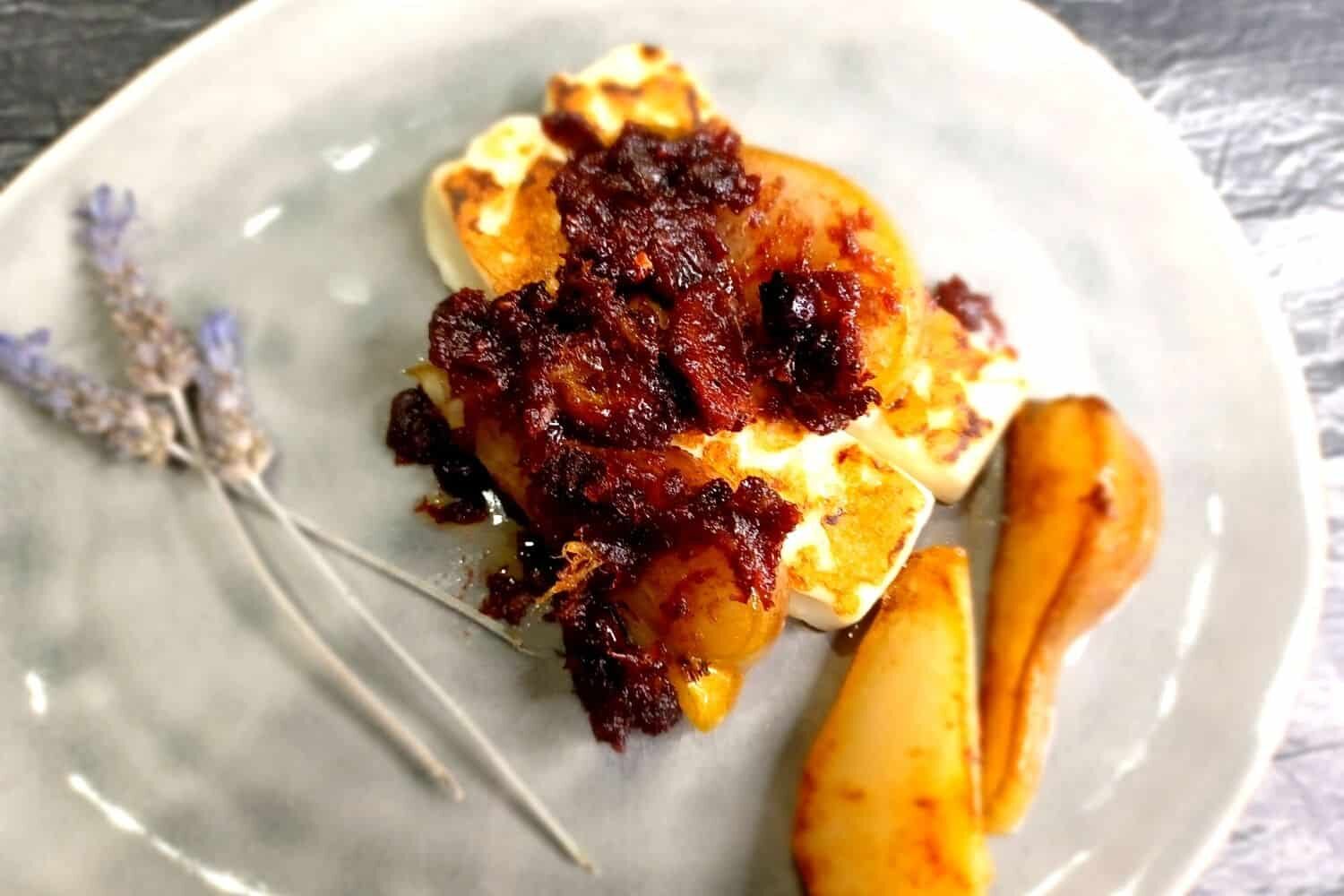 Fried Halloumi Cheese and Pears, Spiced Dates with Blueberries